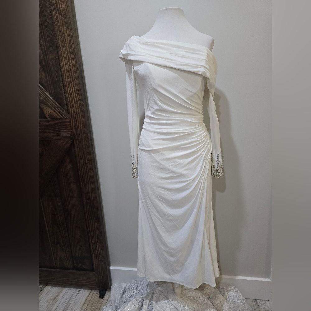 Mac Duggal 26485 Foldover Long Sleeve Jeweled Midi Dress NWT size 4 White - Picture 4 of 7